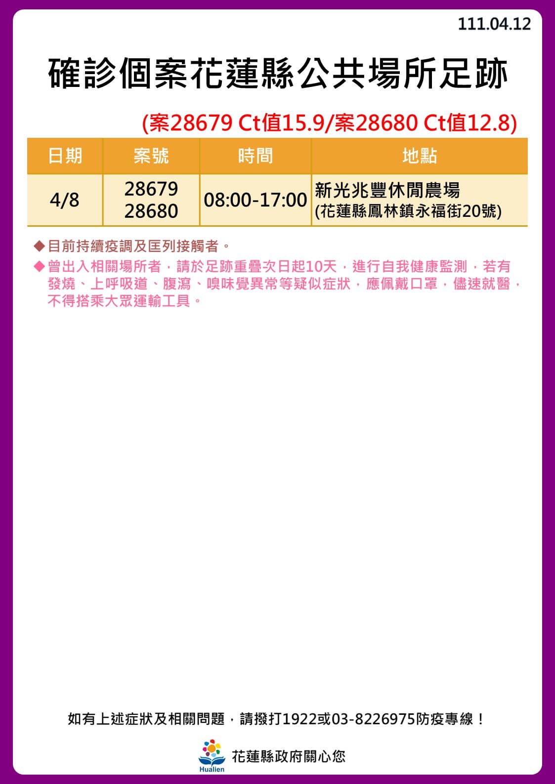 花蓮縣確診者公共場所足跡。（圖／花蓮縣政府）