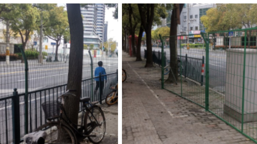 上海封城後,部分區域設下鐵絲網路障。(圖/翻攝自微博)