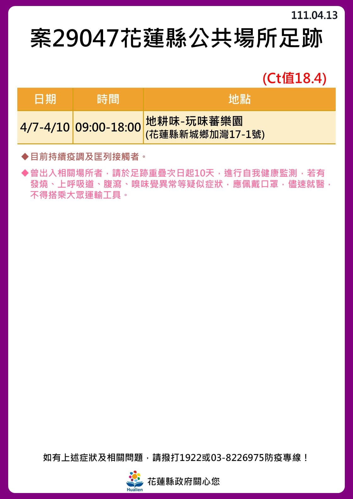 花蓮縣確診者公共場所足跡。（圖／花蓮縣政府）