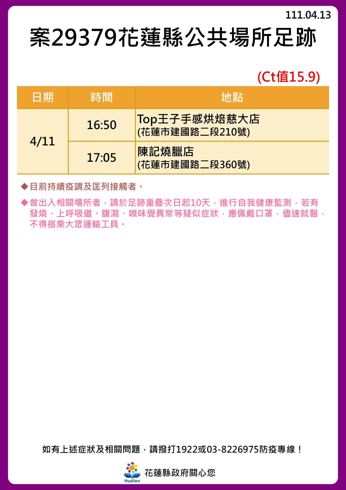 花蓮縣確診者公共場所足跡。（圖／花蓮縣政府）