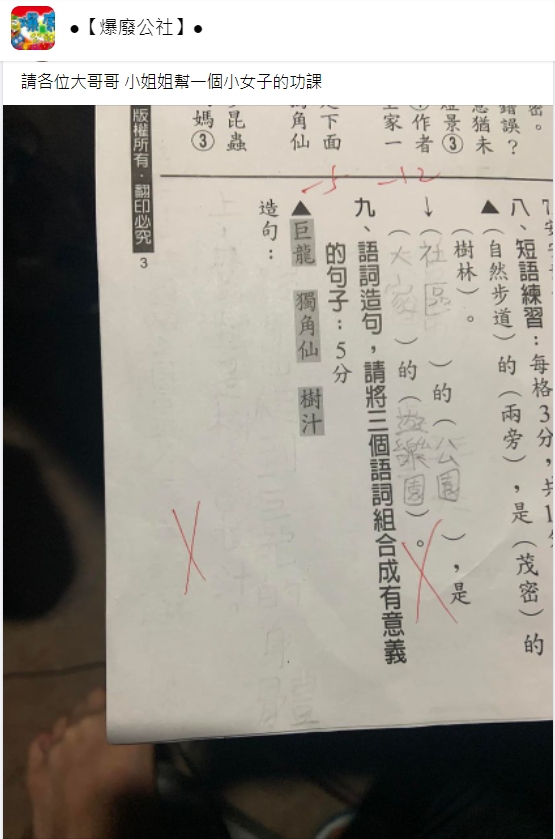 題目要求用「巨龍、獨角仙、樹汁」造句。（圖／翻攝自爆廢公社）