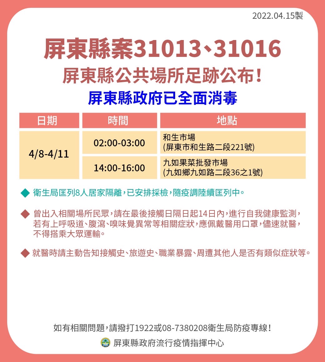 屏東縣31013、31016屏東縣公共場所足跡公布。（圖／屏東縣政府）