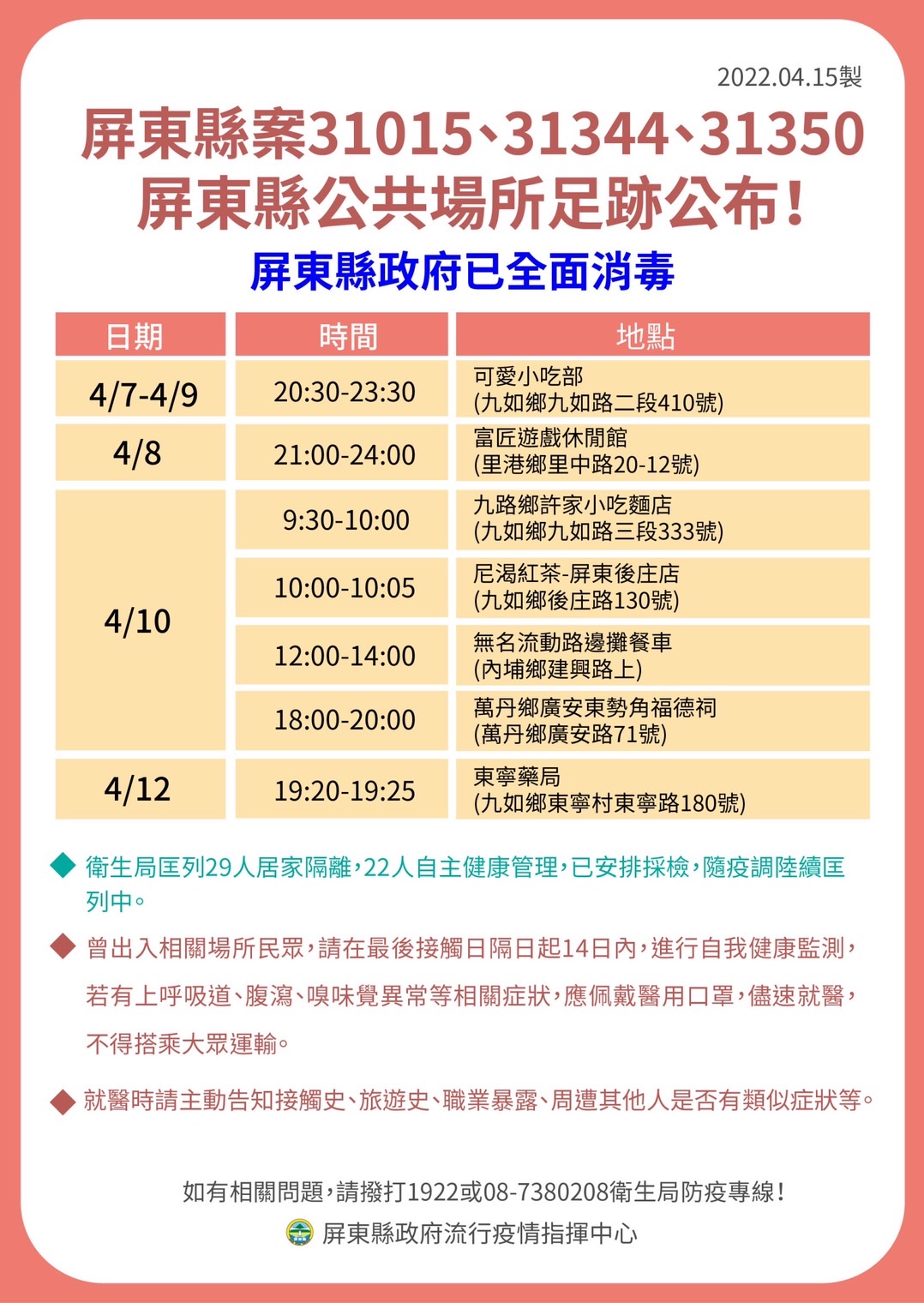 屏東縣31015、31344、31350屏東縣公共場所足跡公布。（圖／屏東縣政府）