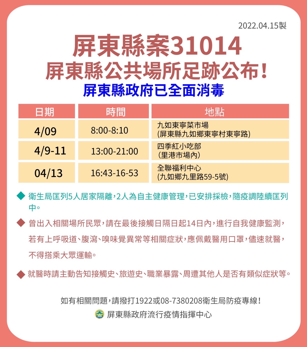 屏東縣31014屏東縣公共場所足跡公布。（圖／屏東縣政府）