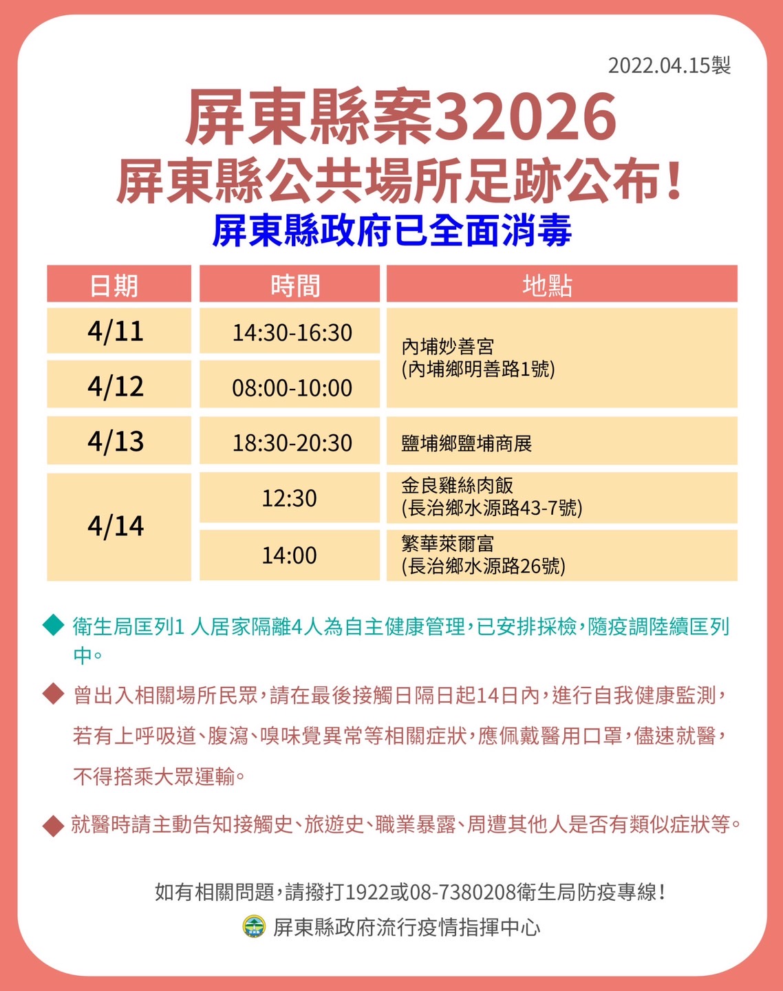 屏東縣32026屏東縣公共場所足跡公布。（圖／屏東縣政府）