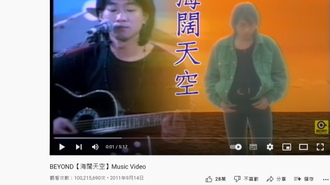 《海闊天空》MV在YouTube的點擊次數衝破一億次。(圖/翻攝自Youtube)