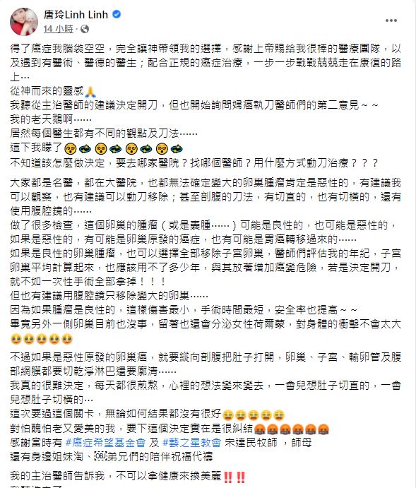 唐玲坦言內心忐忑不安。（圖／翻攝自唐玲臉書）