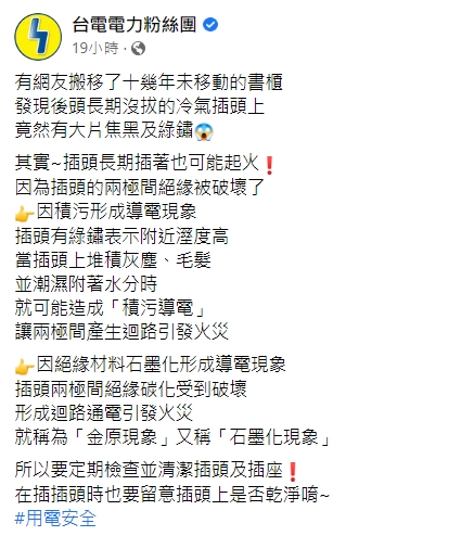 台電指出髒污跟潮濕都會引發火災。(圖/翻攝自台電電力粉絲團)