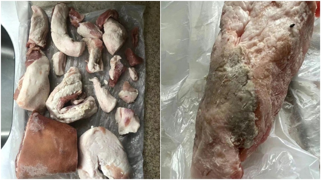 豬肉甚至還出現發黑腐臭等問題。(圖/翻攝自微博「无证架构师」)