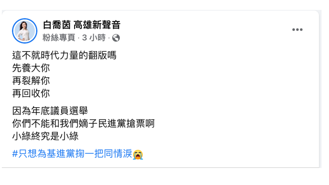 國民黨發言人白喬茵酸,陳柏惟退黨根本是時力翻版,(圖/翻攝白喬茵臉書)