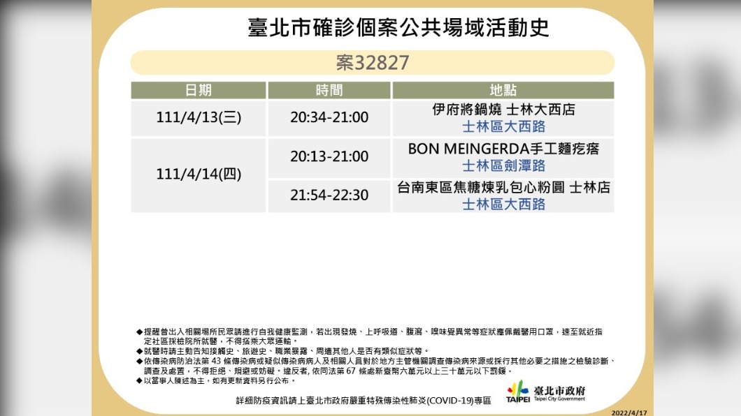 台北市確診個案32827公共場域活動史。（圖／台北市政府）