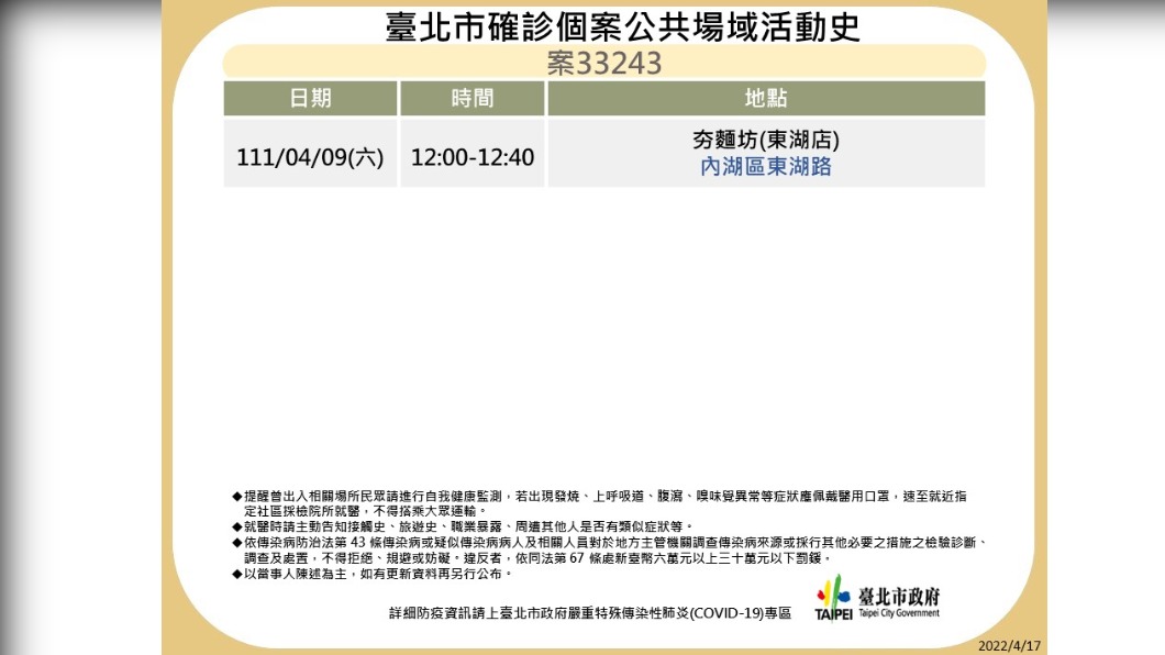 台北市確診個案33243公共場域活動史。（圖／台北市政府）