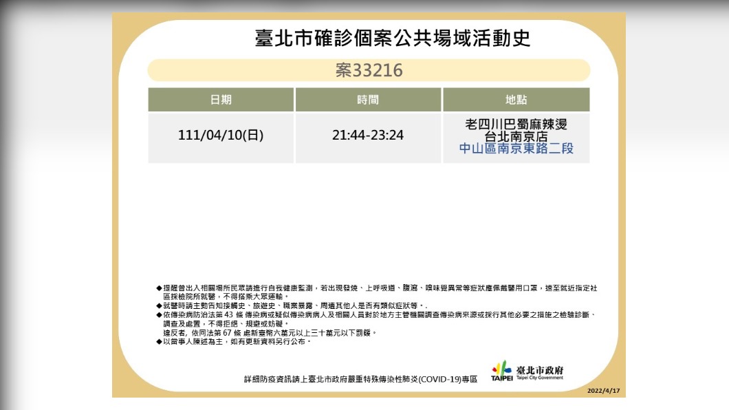 台北市確診個案33216公共場域活動史。(圖/台北市政府)