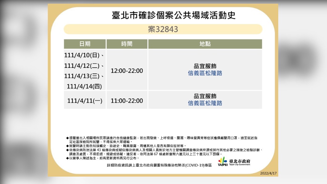 台北市確診個案32843公共場域活動史。(圖/台北市政府)