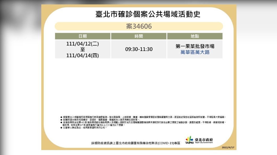 台北市確診個案34606公共場域活動史。(圖/台北市政府)