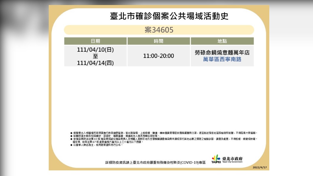 台北市確診個案34605公共場域活動史。(圖/台北市政府)