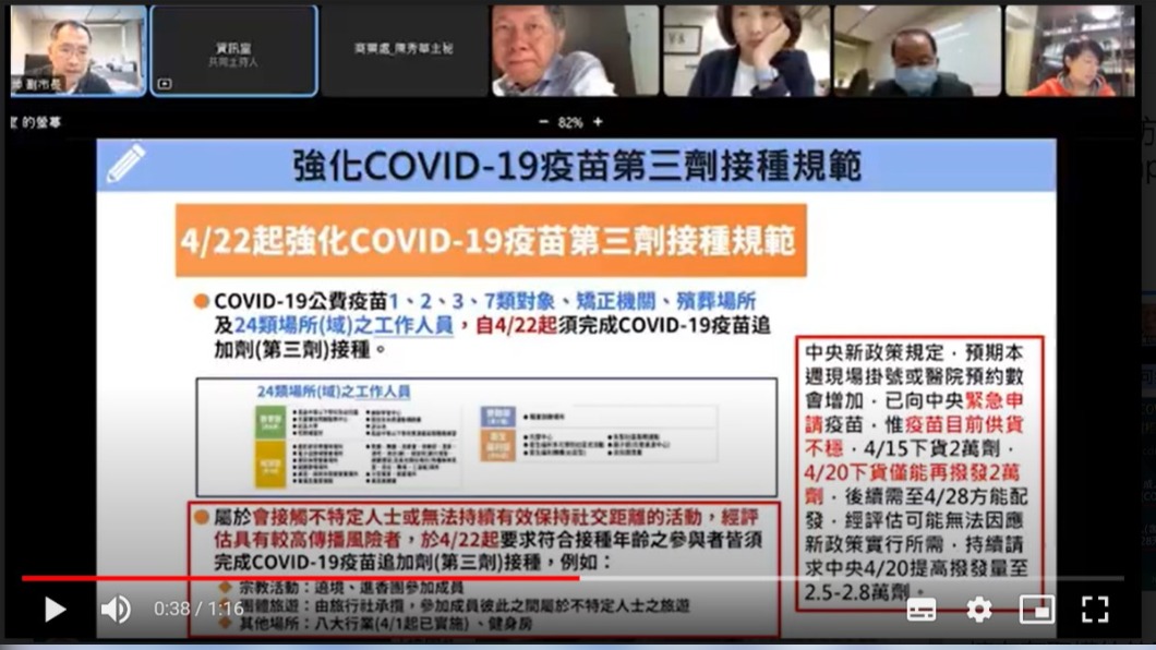 台北市長柯文哲今天以視訊方式召開晨會、防疫會議。（圖／台北市政府媒體事務組提供）