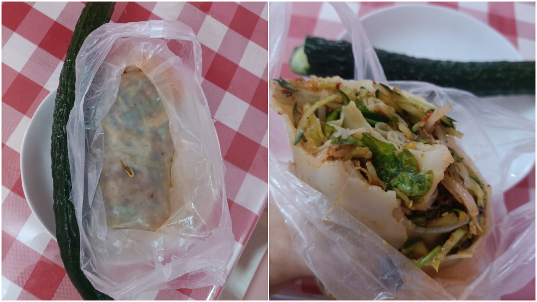 劉樂妍在當地買了涼皮來吃讓她想到台灣的潤餅捲。(圖/翻攝自劉樂妍微博)