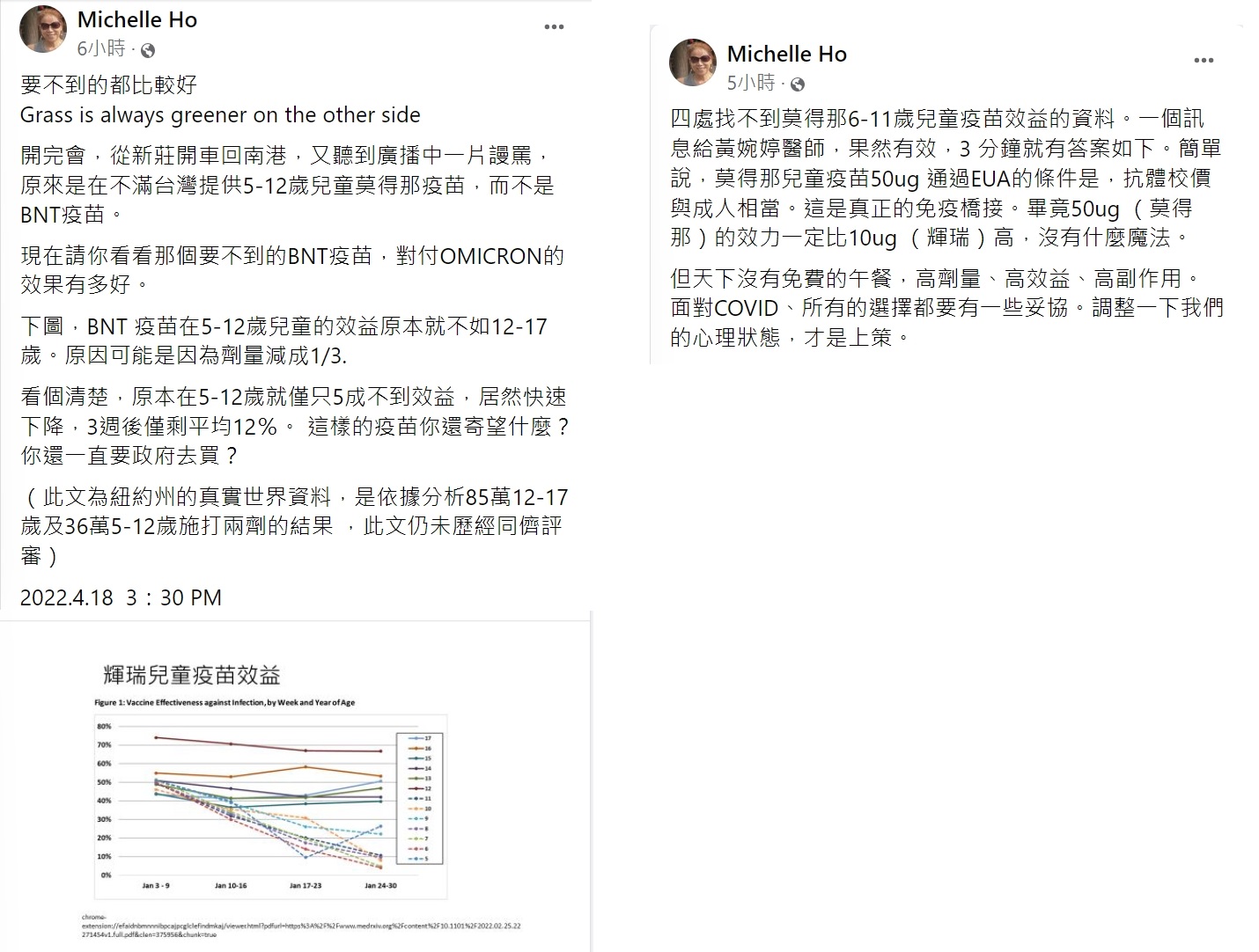 中研院研究員何美鄉分享BNT兒童疫苗效益數據資料。(圖/翻攝自Michelle Ho臉書)