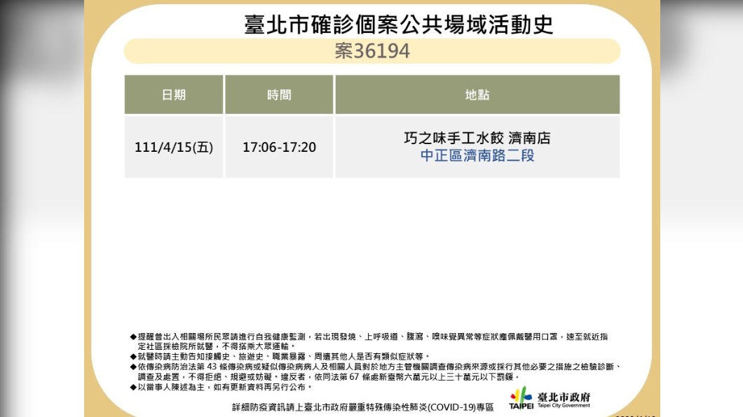 台北市確診個案公共場域活動史-案36194。(圖/台北市政府)