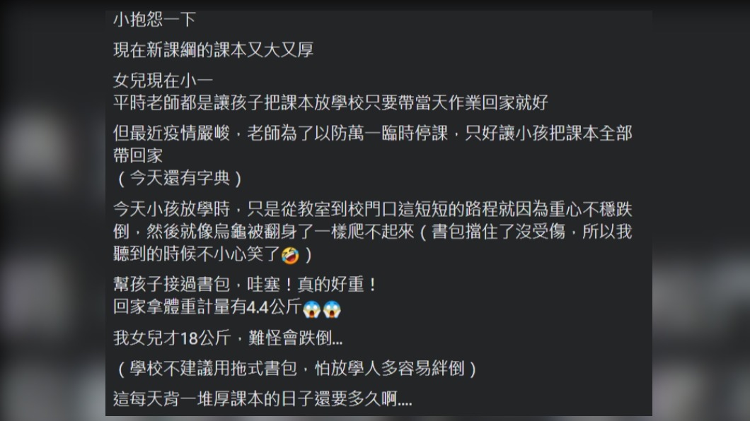 網友在臉書抱怨女兒的書包太重。（圖／翻攝爆怨公社臉書 ）
