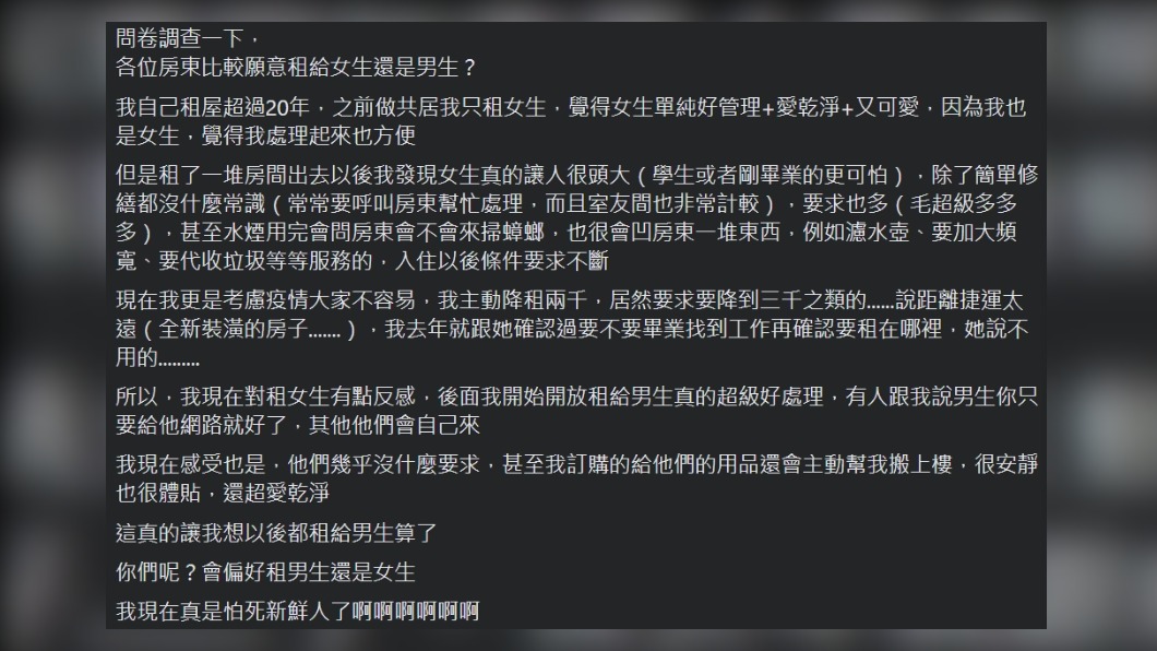 有房東分享租給女生的經歷。(圖/翻攝自《租屋「糾紛、問題、租霸、疑難雜症」特區》臉書)