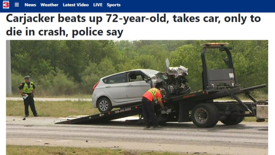 車輛被尋獲時車頭全爛,搶匪陳屍車內。(圖/翻攝自WSAZ NewsChannel 3官網)