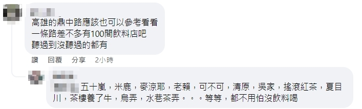 有網友表示,高雄的鼎中路上有差不多100間飲料店。(圖/翻攝自爆廢公社臉書)
