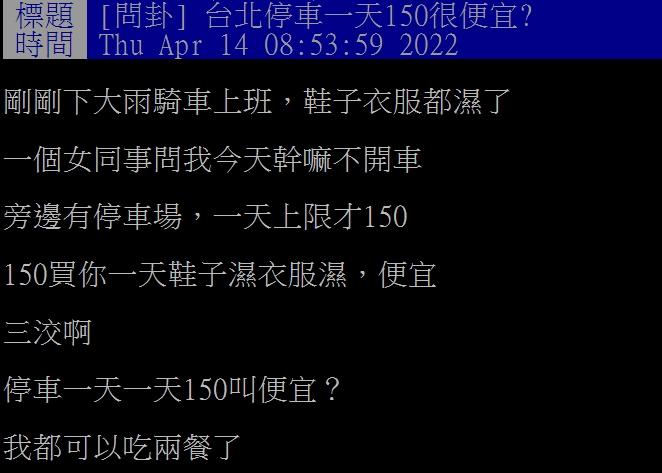 原PO認為停車費一天150元太貴。（圖／翻攝自PTT）