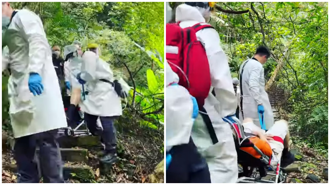 好幾名救難人員將這名山友抬下山。(圖/翻攝自陶晶瑩IG)