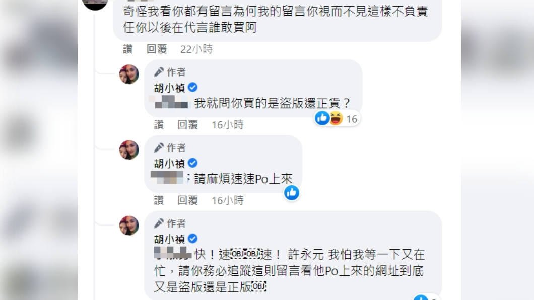 網友在盜版網頁買到假貨，留言罵小禎。（圖／翻攝自小禎臉書）