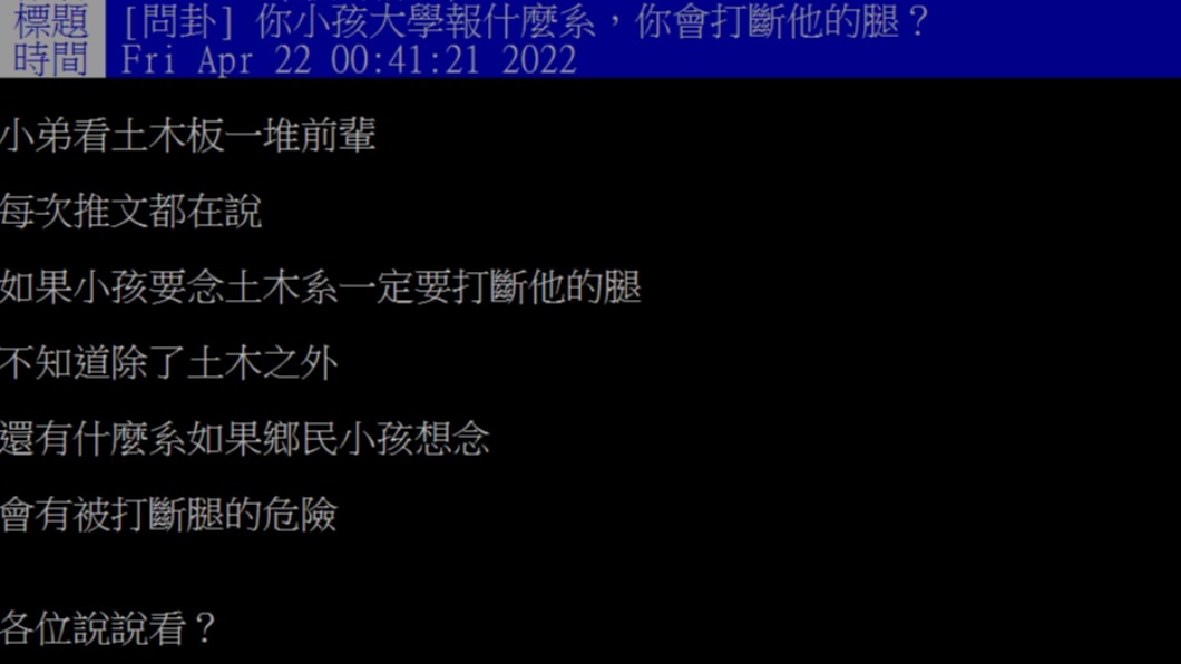 網友好奇小孩念什麼科系大家無法接受?(圖/翻攝自PTT)