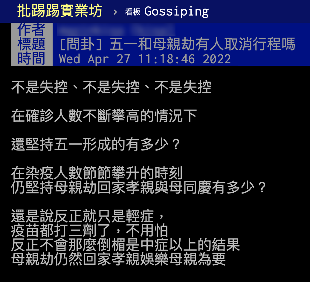 網友發文詢問調查多少人會取消慶祝母親節。（圖／翻攝自PTT）