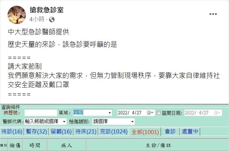北部間醫院一天的急診就有破千人。(圖/翻攝自搶救急診室臉書)