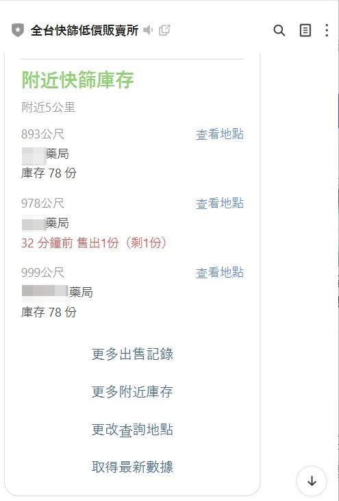 加入官方帳號後可直接查詢所在位置附近的快篩存量。(圖/翻攝自@全台快篩低價販售所LINE)