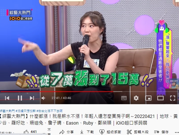 丫頭透露,租金一路從7萬漲至15萬。(圖/翻攝綜藝大熱門YouTube)
