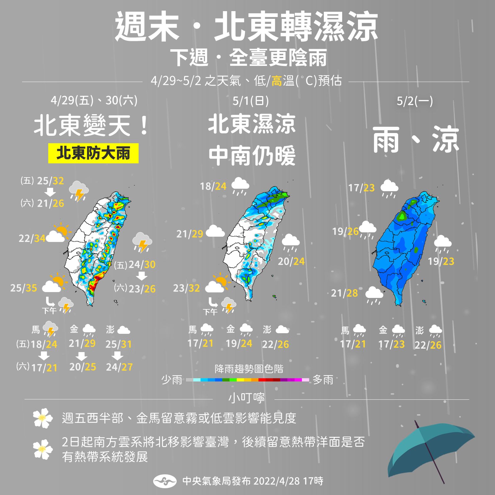 連假天氣變化。(圖/中央氣象局)