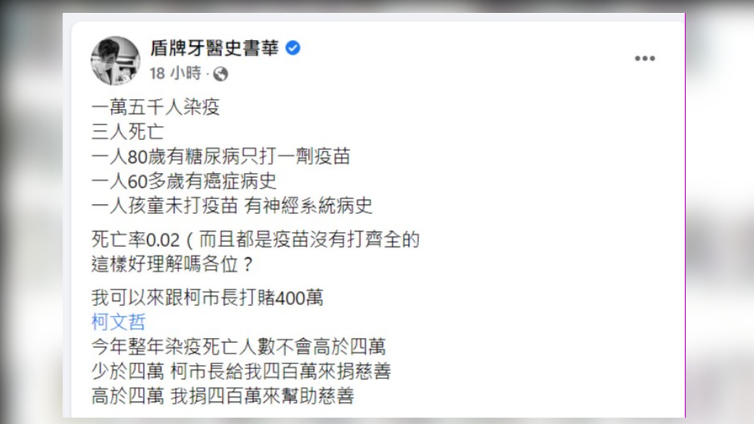史書華在臉書公開要與柯文哲打賭400萬。(圖/翻攝盾牌牙醫史書華臉書)