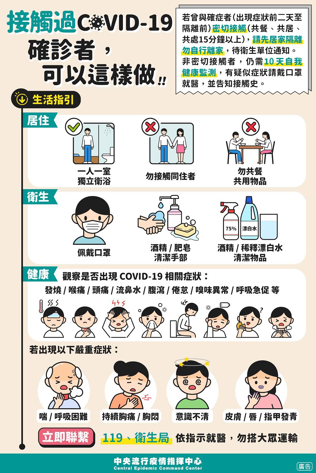 接觸過COVID-19確診者可以這樣做。(圖/中央流行疫情指揮中心)