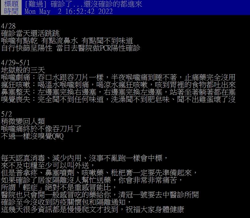 網友分享自己確診的症狀。(圖/翻攝自PTT)