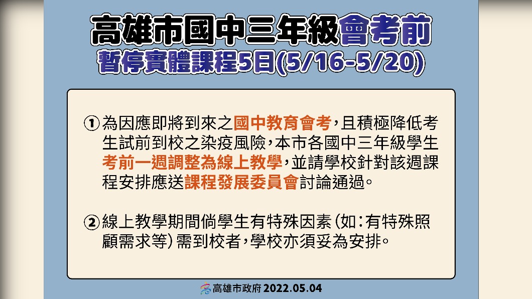 高雄市會考防疫指引。(圖/高雄市政府提供)