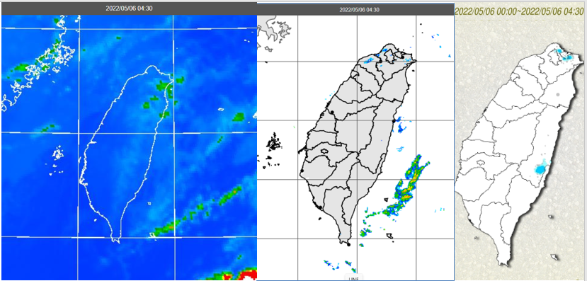 今晨4：30紅外線色調強化雲圖顯示，台灣上空雲層稀少（左）；4：30雷達回波合成圖顯示，東側海面上有零星的降水回波（中）；4：30累積雨量顯示，東半部及北海岸局部零星降雨（右）。（圖／翻攝自「三立準氣象· 老大洩天機」專欄）