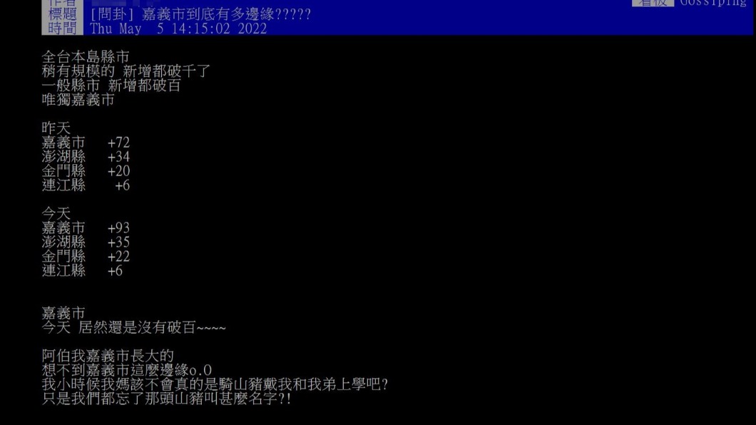 嘉義市超狂防疫,被網友戲稱「到底多邊緣?」(圖/翻攝自PTT)