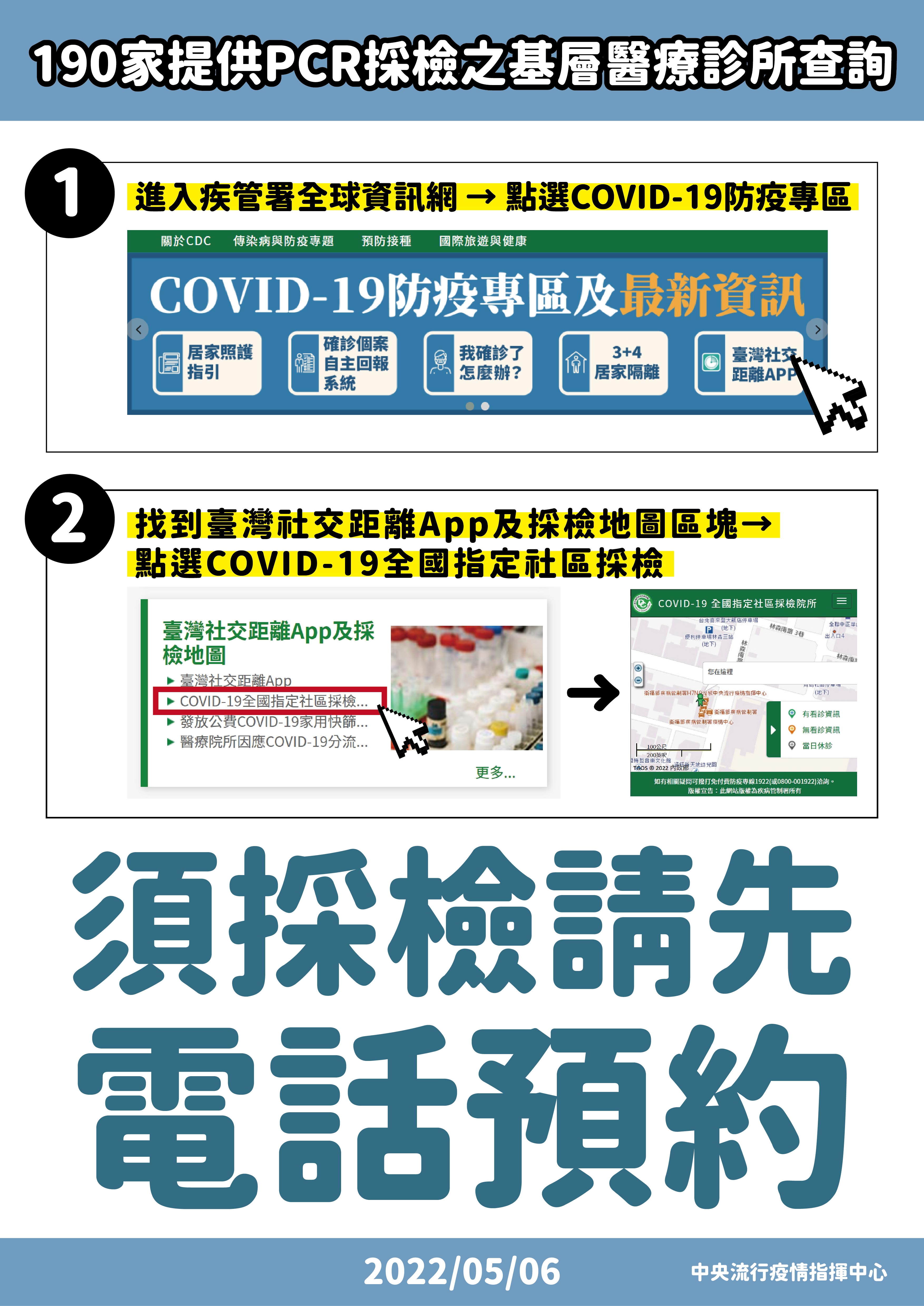 190家提供PCR採檢之基層醫療診所查詢。（圖／中央流行疫情指揮中心）