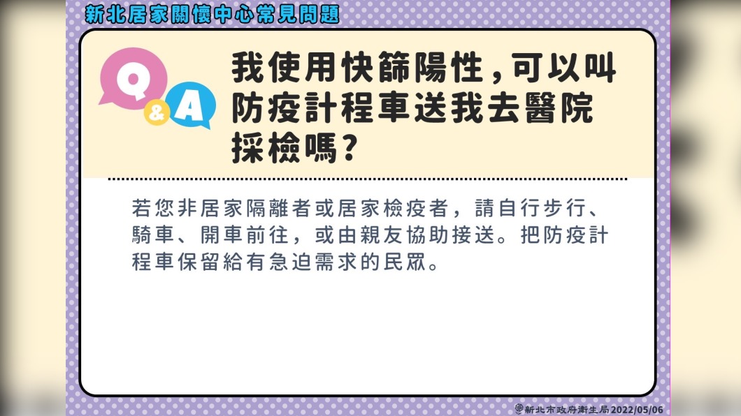 快篩陽性的民眾是否可叫防疫計程車到醫院採檢問答。（圖／新北衛生局提供）