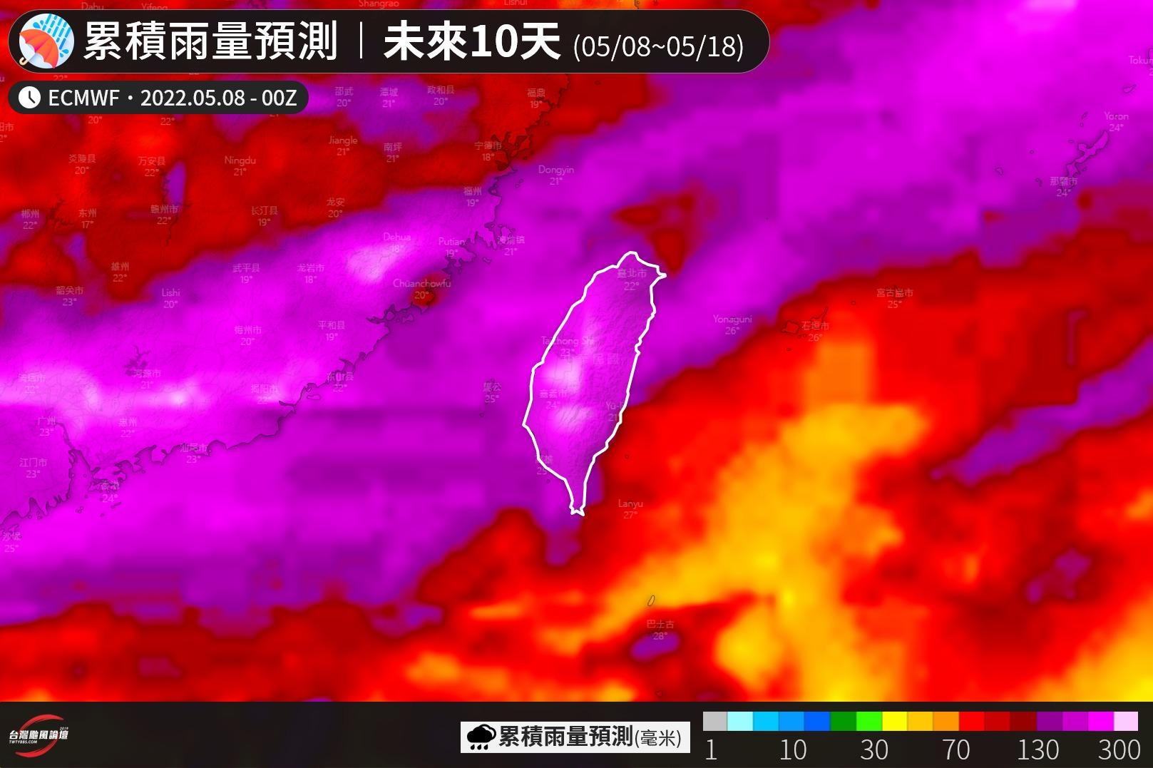 未來10天台灣上空預估會出現一大條紫色雨帶。（圖／翻攝自台灣颱風論壇｜天氣特急）