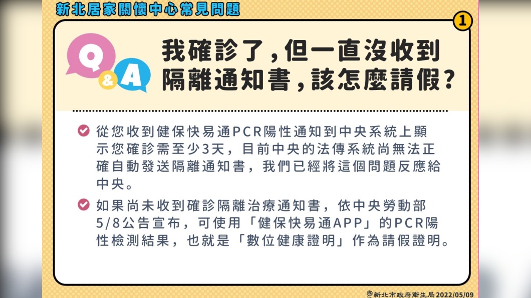 如果確診了,卻沒收到隔離通知書,該如何請假。(圖/新北市政府)