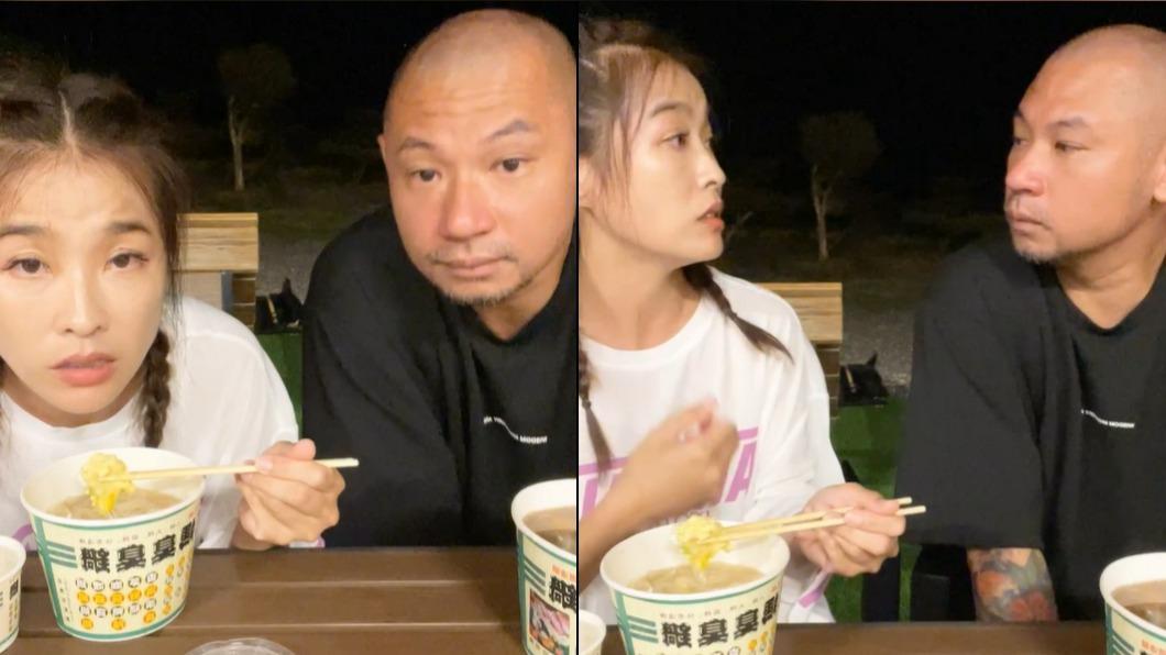 小嫻就連講話時都要夾著蛋,可見臭臭鍋相當美味。(圖/翻攝自小嫻臉書)