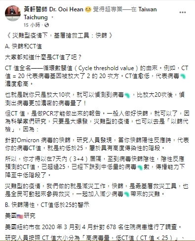 黃軒指出，快篩陽性代表病毒Ct值低於25。（圖／翻攝黃軒臉書）