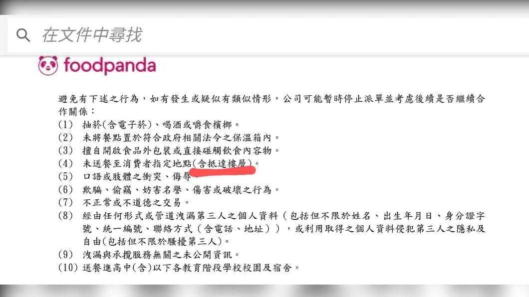 網友貼出熊貓的承攬服務條款。(圖/翻攝自外送員的奇聞怪事)